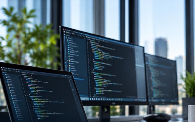 Mehrere Bildschirme mit Programmcode an einem Arbeitsplatz am Fenster