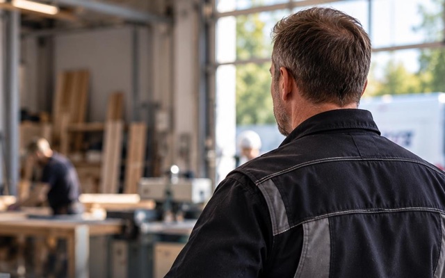 Handwerker in einer Schreinerei, im Hintergrund arbeiten zwei Kollegen an der Werkbank
