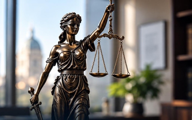 Bronzefigur der Justitia mit Waage und Schwert in einer Kanzlei